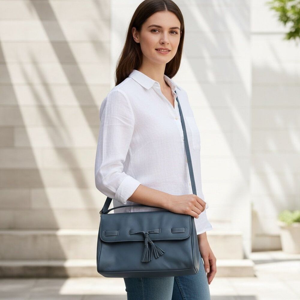 Charter Club Blue Gray Crossbody Bag Adjustable Strap Tassel Flap